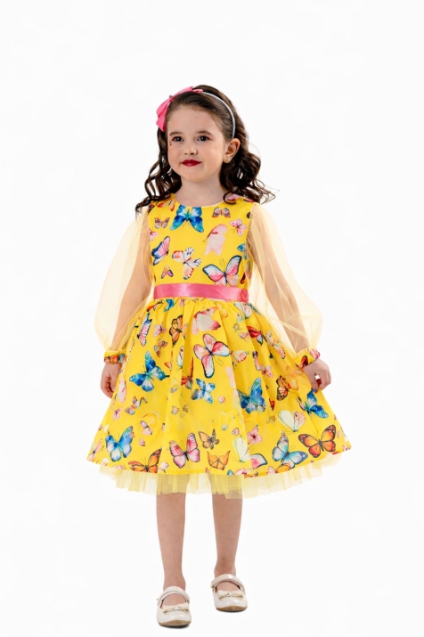 Детска официална рокля с дълъг ръкав, жълт цвят 