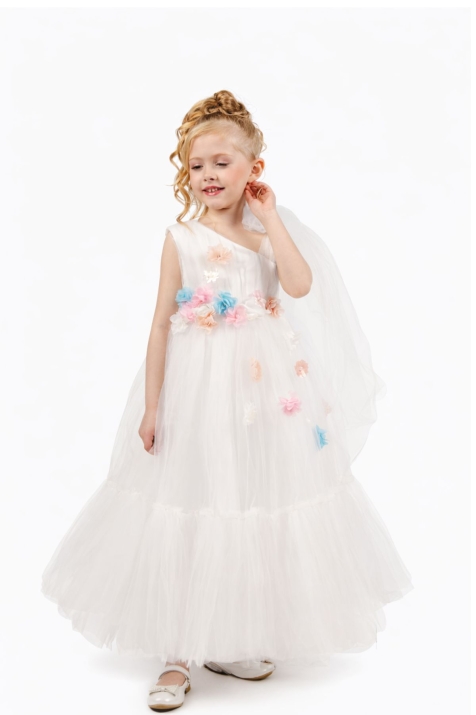 Детска официална рокля с къс ръкав, бял цвят   