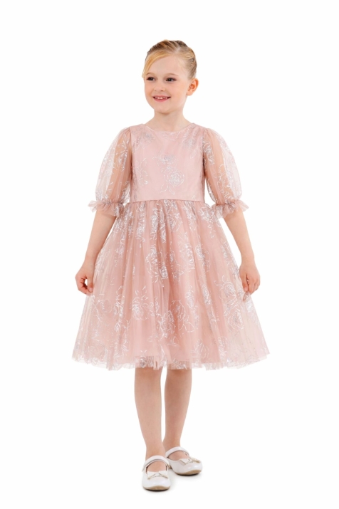 Детска официална рокля с къс ръкав, тъмно розов цвят 