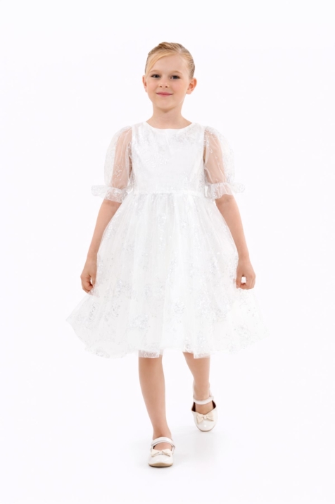 Детска официална рокля с къс ръкав, бял цвят 
