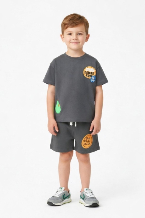 Детски комплект за момче с къс ръкав, тъмно сив цвят 