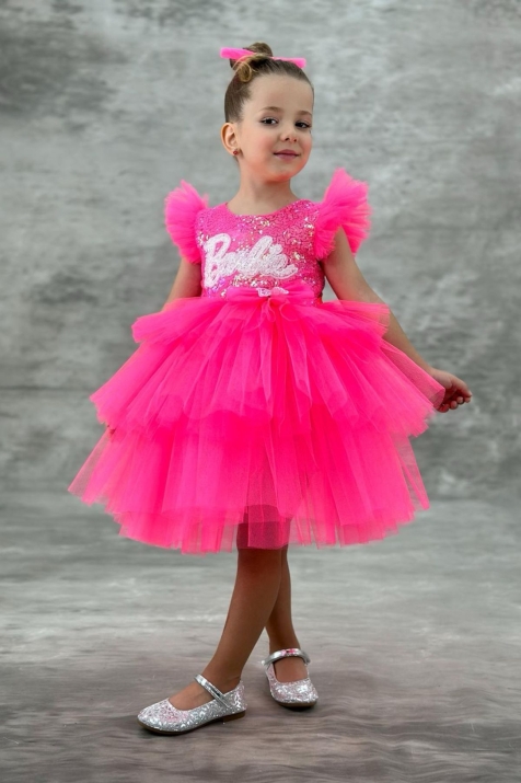 Детска официална рокля къс ръкав Barbie с фиба, розов цвят