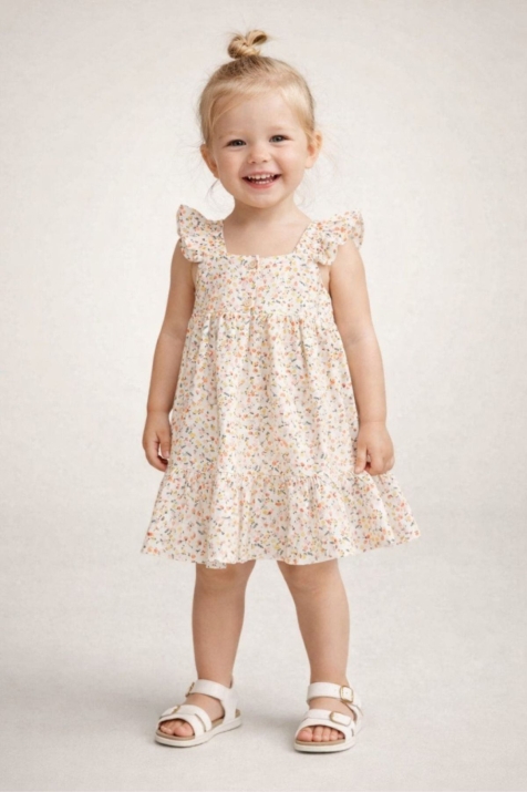 Детска рокля без ръкав на цветя, оранжев цвят