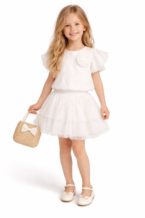 Детски комплект за момиче с къс ръкав, цвят екрю