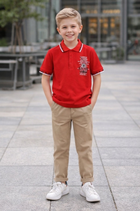 Детска тениска с якичка за момче, червен цвят