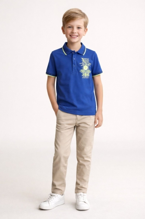 Детска тениска за момче с якичка, син цвят