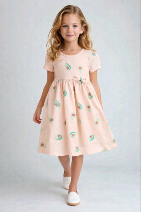 Детска рокля с къс ръкав, светло розов цвят