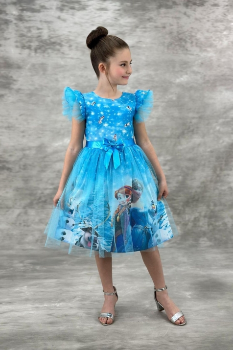 Детска рокля с къс ръкав Frozen, тъмно син цвят