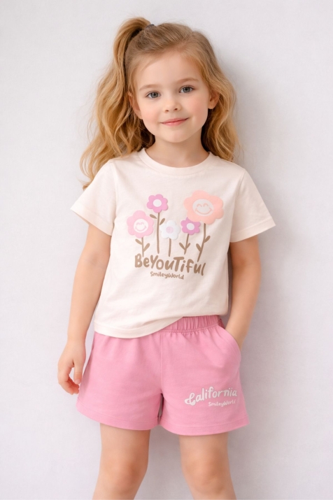 Детски комплект за момиче с къс ръкав, розов цвят    