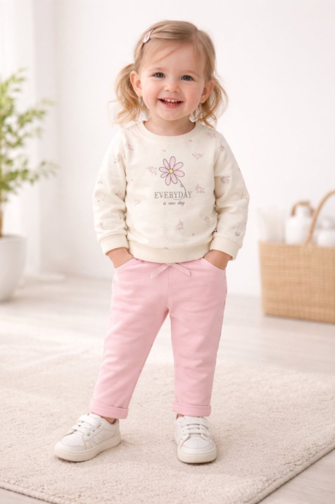 Детски комплект за момиче с дълъг ръкав, розов цвят