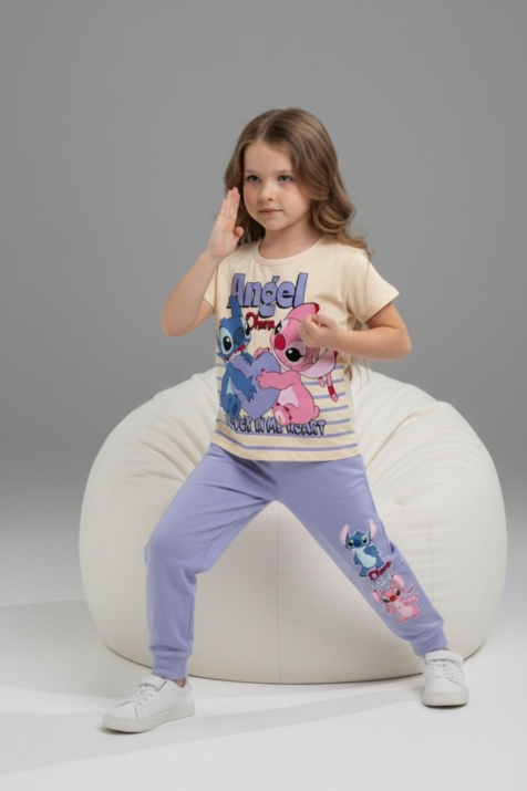 Детски комплект за момиче с къс ръкав, лилав цвят 