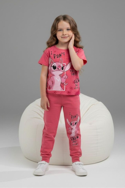 Детски комплект за момиче с къс ръкав, цикламен цвят