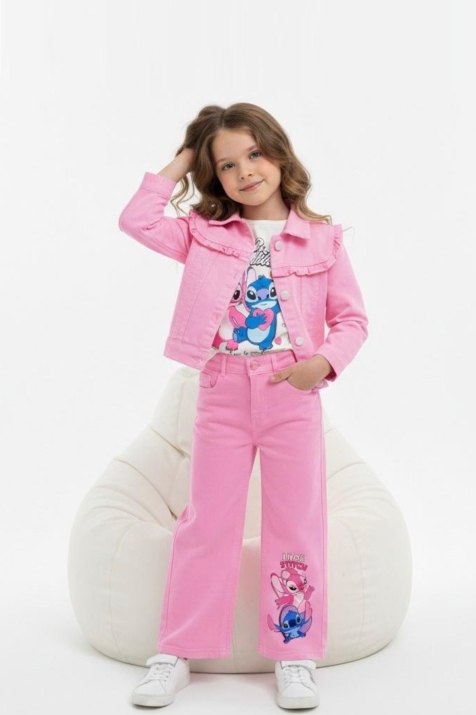 Детски комплект за момиче с дълъг ръкав 3 части, розов цвят