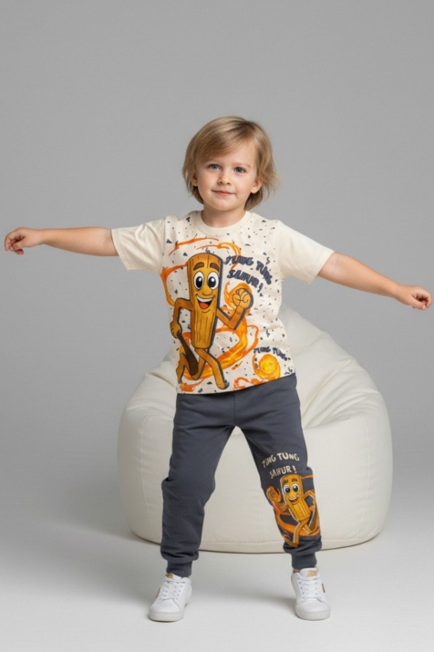 Детски комплект за момче с къс ръкав, тъмно сив цвят