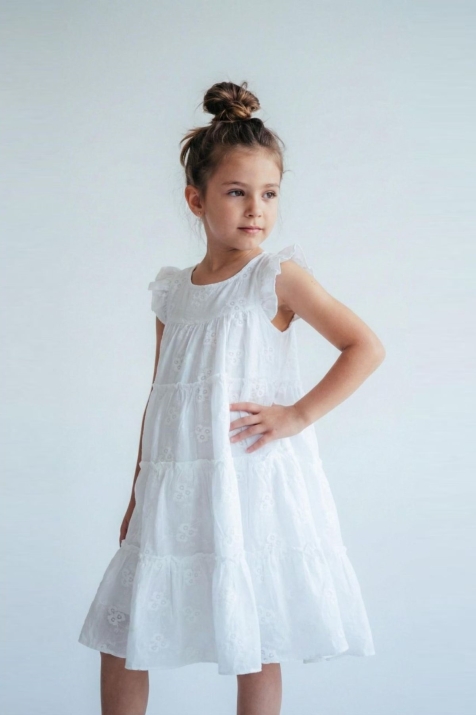 Детска рокля с къс ръкав, бял цвят  