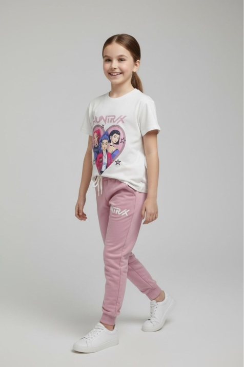 Детски комплект за момиче с къс ръкав, тъмно розов цвят