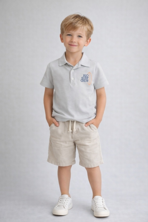 Детска тениска с якичка за момче, светло сив цвят 