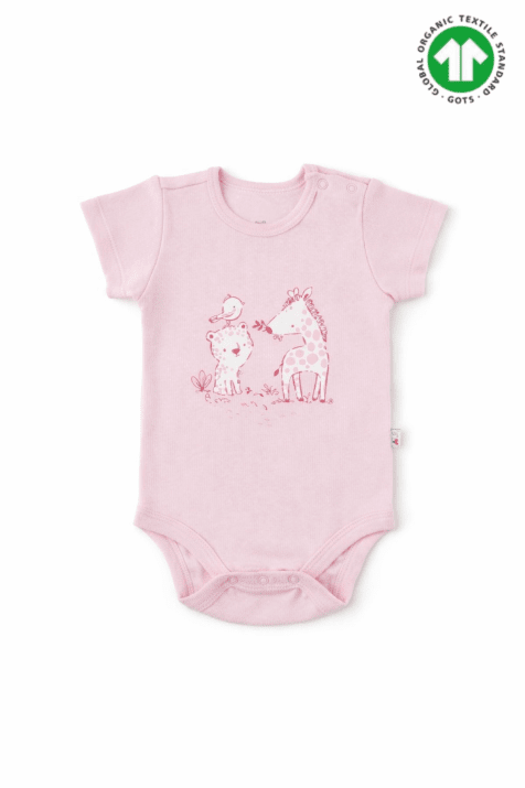Бебешко боди органичен памук за момиче с къс ръкав, розов цвят