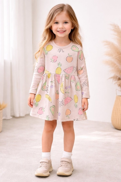 Детска рокля с дълъг ръкав, бежов цвят  