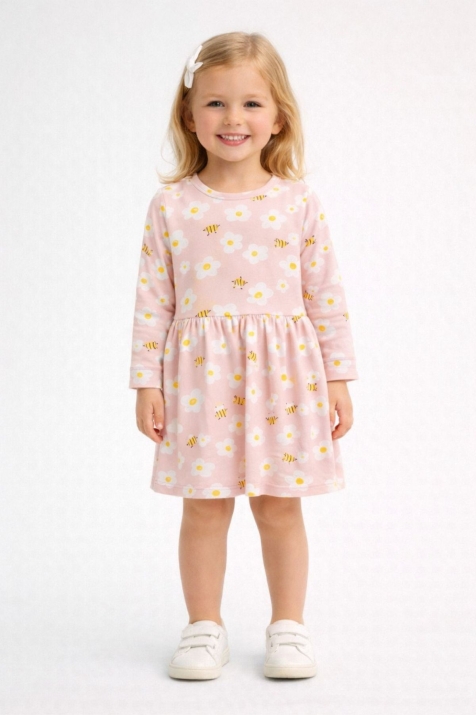  Детска рокля с дълъг ръкав, розов цвят  