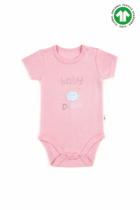 Бебешко боди органичен памук за момиче с къс ръкав, розов цвят 