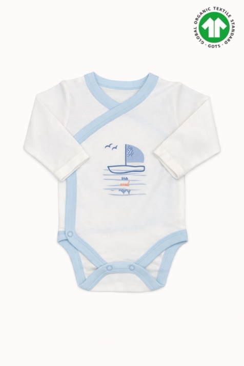  Бебешко боди органичен памук за момче с дълъг ръкав, бял цвят