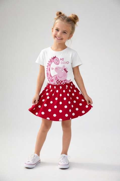 Детски комплект за момиче с къс ръкав, червен цвят 