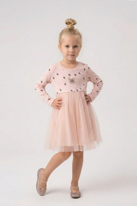 Детска рокля с дълъг ръкав, розов цвят  