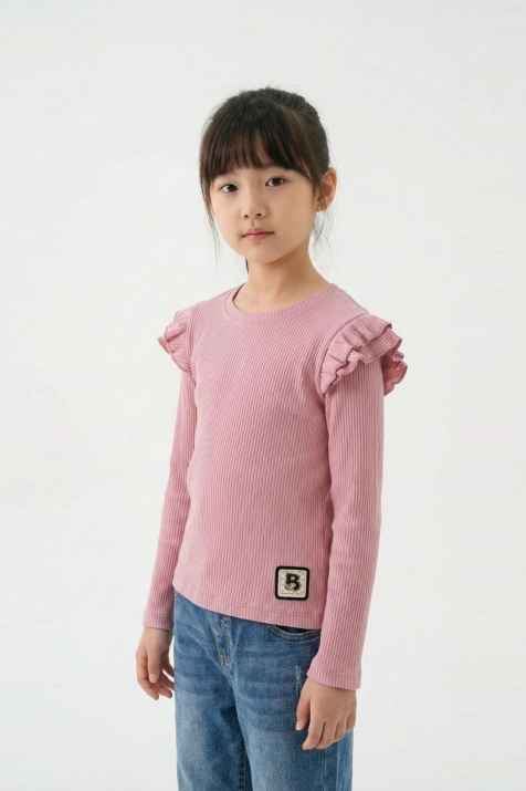  Детска блуза рипс за момиче с дълъг ръкав, тъмно розов цвят  
