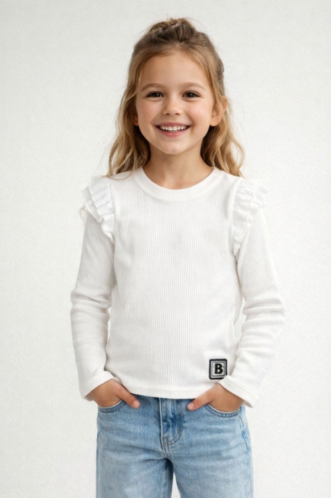  Детска блуза рипс за момиче с дълъг ръкав, цвят екрю