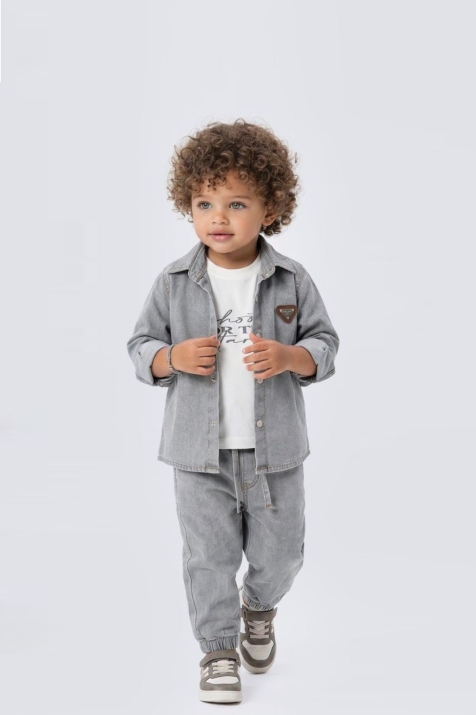 Детски комплект за момче с дълъг ръкав 3 части, сив цвят   