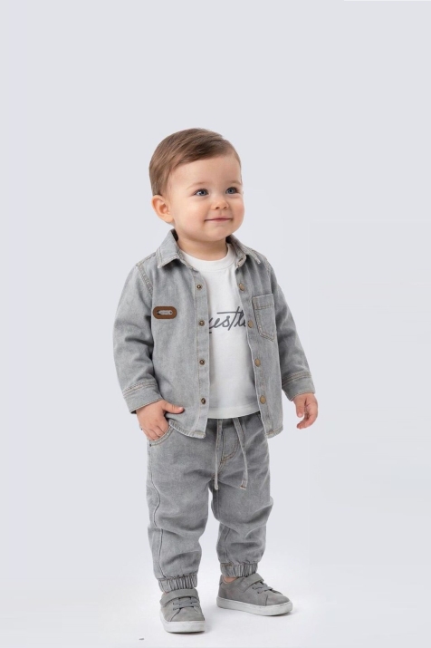 Детски комплект за момче с дълъг ръкав 3 части, сив цвят