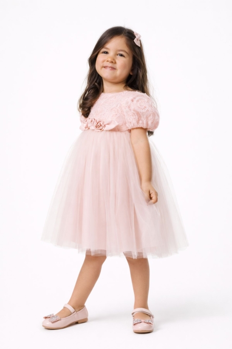 Детска официална рокля с къс ръкав, розов цвят