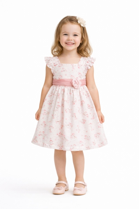 Детска официална рокля с къс ръкав, розов цвят 
