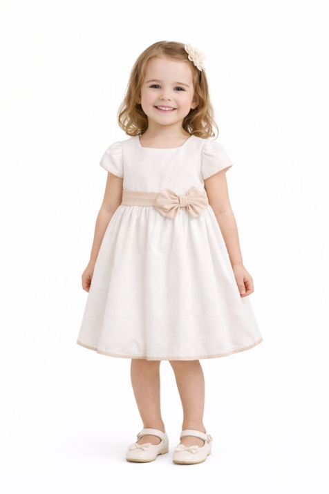 Детска официална рокля с къс ръкав, бежов цвят 