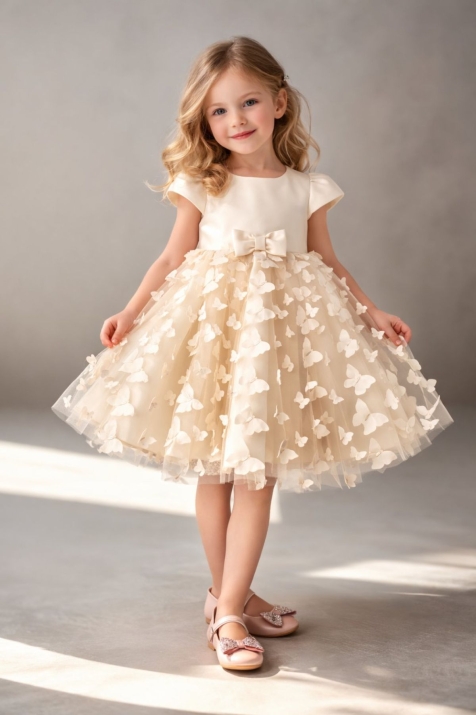 Детска официална рокля с къс ръкав, бежов цвят 