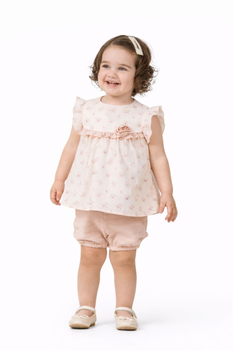 Бебешки комплект за момиче с къс ръкав, розов цвят  