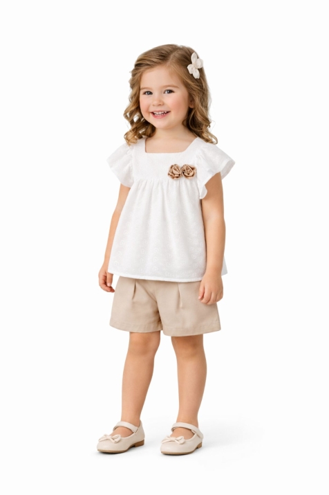 Детски комплект за момиче с къс ръкав, бежов цвят 