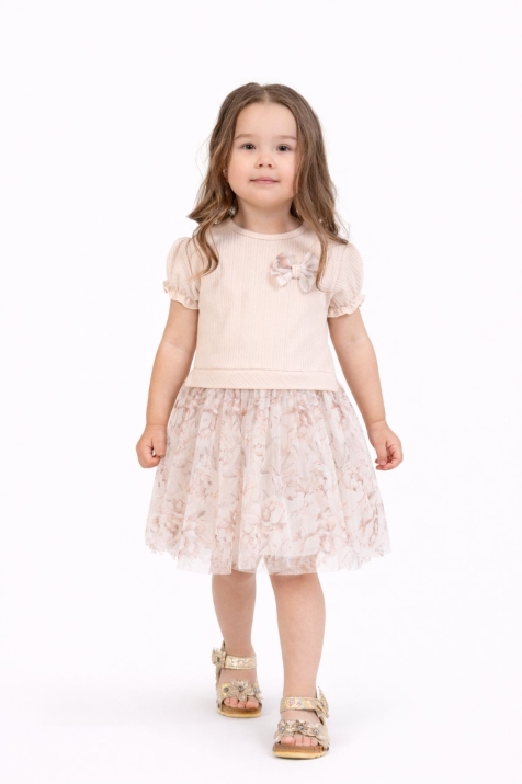 Детска рокля с къс ръкав, бежов цвят