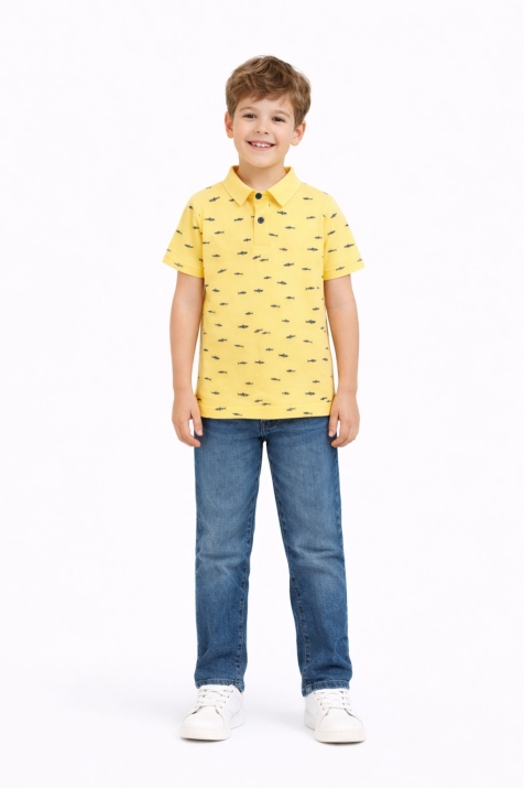 Детска тениска с якичка за момче, жълт цвят 