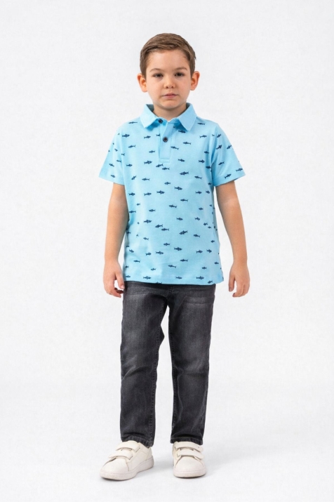 Детска тениска с якичка за момче, син цвят 