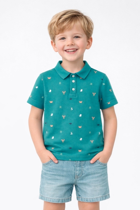 Детска тениска с якичка за момче, зелен цвят 