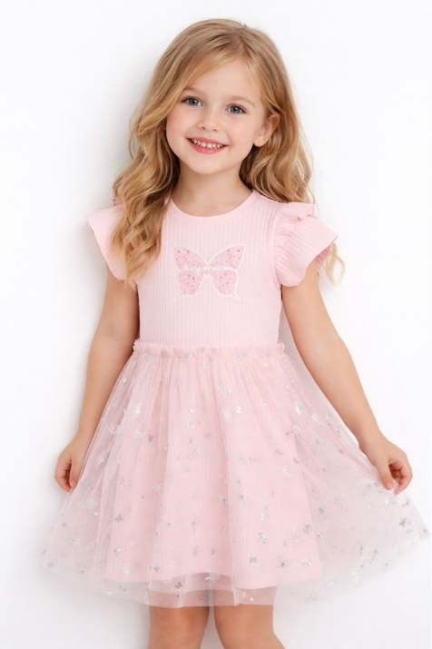 Детска рокля с къс ръкав, розов цвят