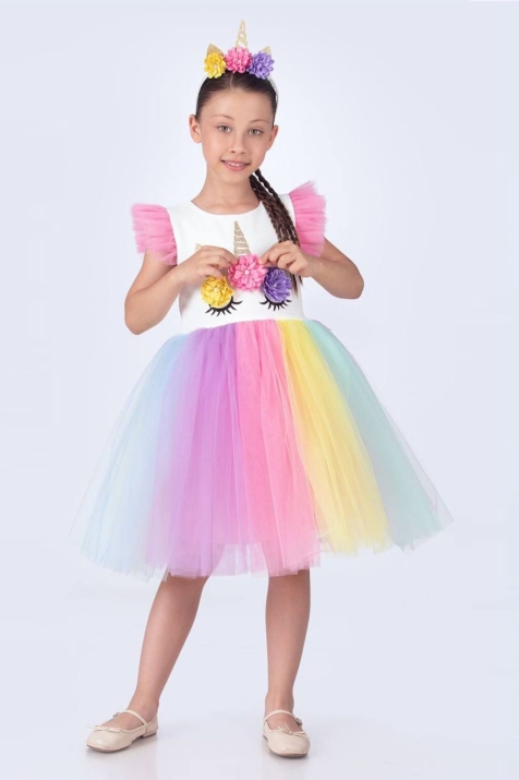 Детска официална рокля с къс ръкав и диадема,  бял цвят  