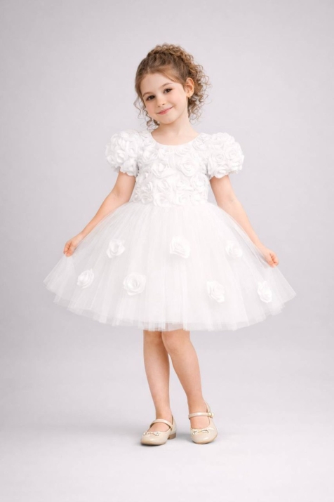  Детска официална рокля с къс ръкав, бял цвят
