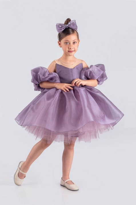 Детска официална рокля с ръкавели и диадема, лилав цвят 