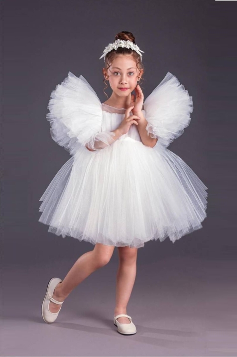 Детска официална рокля къс ръкав Princess, бял цвят