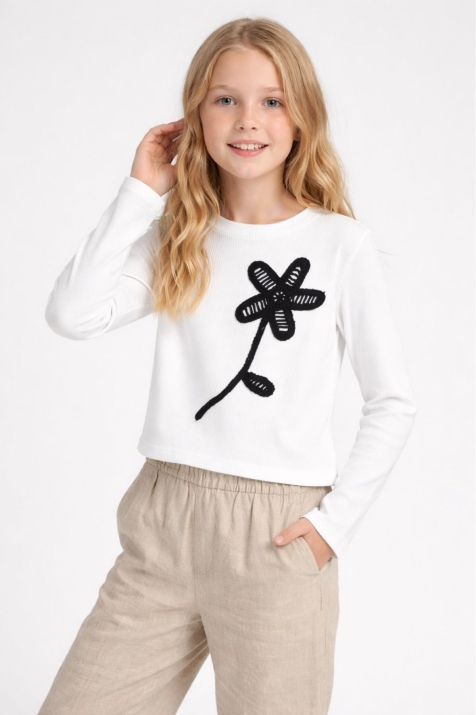 Детска блуза за момиче с дълъг ръкав, цвят екрю