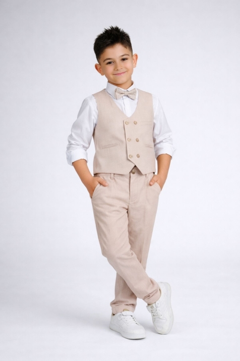 Детски официален комплект за момче с дълъг ръкав, бежов цвят