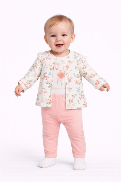 Бебешки комплект за момиче с дълъг ръкав 3 части, светло розов цвят